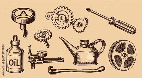 Vintage Mechanical Tools and Parts Illustration Featuring Gears Oil Can Screwdriver and Various Components on a Textured Background