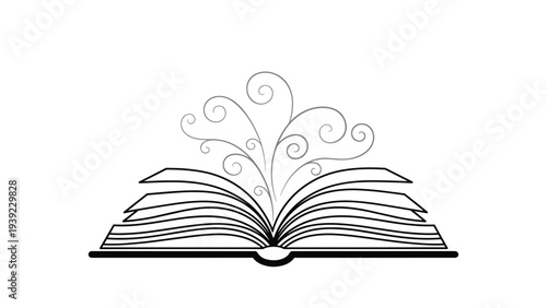 Black and white illustration of an open book with elegant artistic swirls and curves emerging from its pages for storytelling.