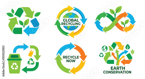 Colorful recycling symbols and earth conservation imagery promoting environmental awareness