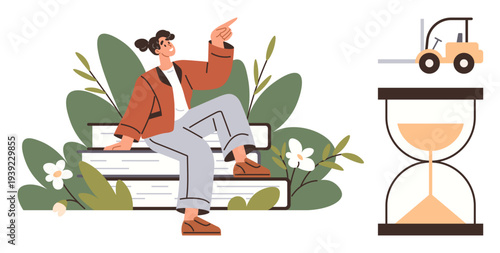 Business planning, workflow efficiency, time tracking, work-life balance, procrastination, resource management. A person sitting on a bench pointing as an hourglass and forklift are . Time management