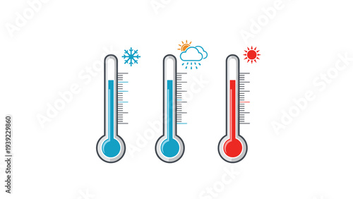 Set of three thermometers displaying cold mild and hot temperatures with corresponding weather icons for snow rain and sun.