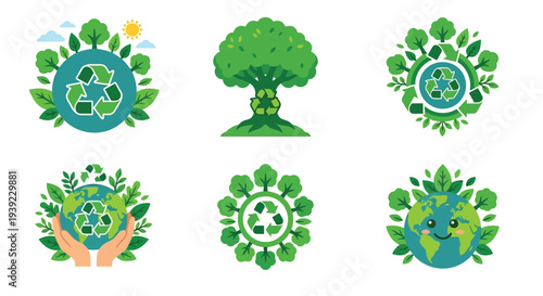 Green recycling emblems featuring trees earth and hands with leaves