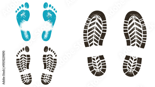 Collection of various footprints including bare feet and textured shoe soles in blue and black colors for tracking concepts.