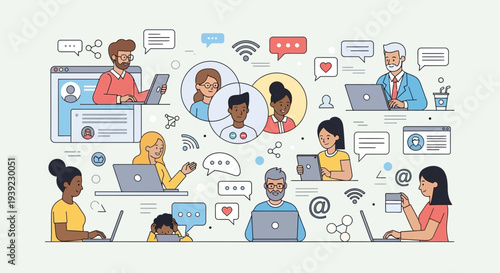 Diverse people connecting online, remote work, social media, communication, teamwork, business meeting