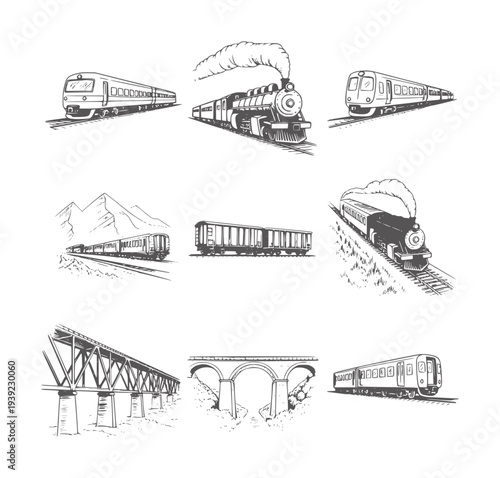 Collection of black and white line of trains and railway bridges steam locomotive