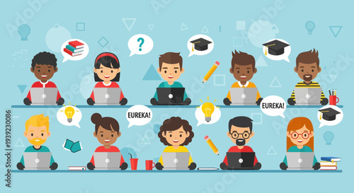 Diverse students learning online with laptops, celebrating eureka moments and graduation