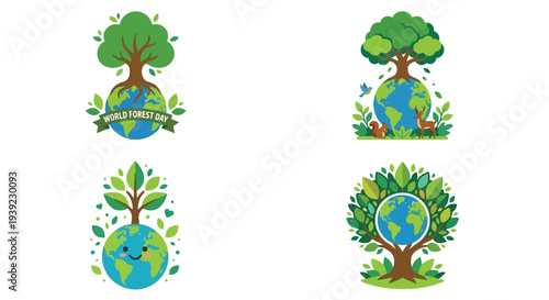 Illustrations of trees incorporating the earth for world forest day
