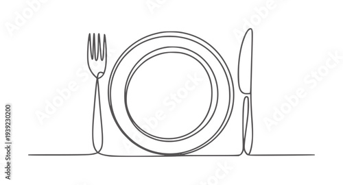 Minimalist black and white single line of a plate fork and knife