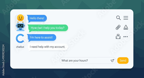 Chatbot customer service interface with conversation bubbles and icons