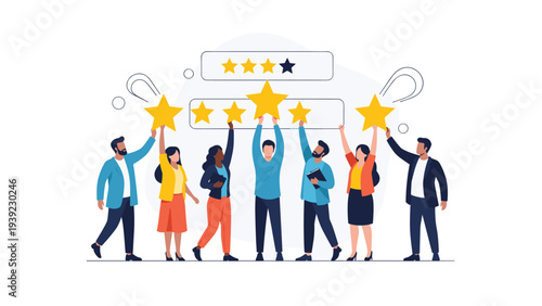 Diverse group of professional people holding up five large golden stars for high rating feedback and customer satisfaction.
