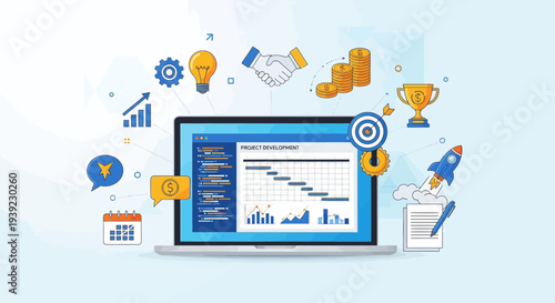 Project Management Software Dashboard with Gantt Chart, Rocket Launch, and Business Icons