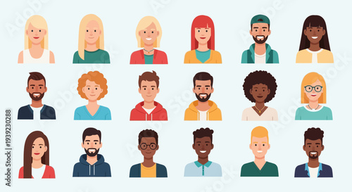 Diverse Group of People Avatars, Multicultural Community, Modern Flat Design