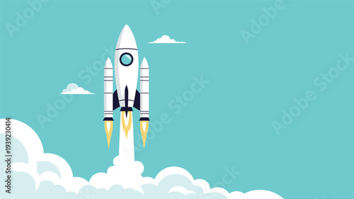 White space rocket launching into a clear blue sky above fluffy white clouds for exploration and startup concepts.