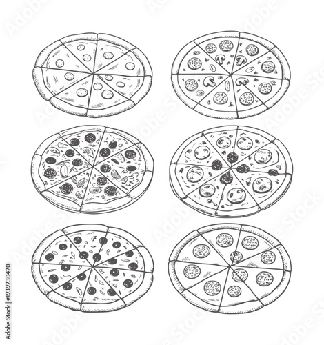Six hand drawn black and white pizzas with various toppings food pepperoni