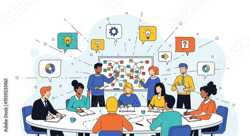 Diverse team brainstorming ideas and planning strategy around a table with a whiteboard