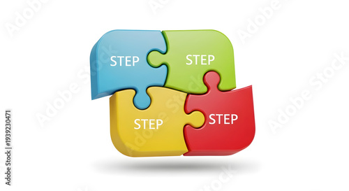 Four Colorful Interlocking Puzzle Pieces with 'STEP' Text Isolated Vector Graphic