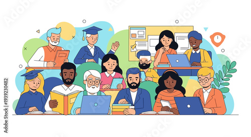 Diverse group of students and teachers in a classroom setting, learning and collaborating