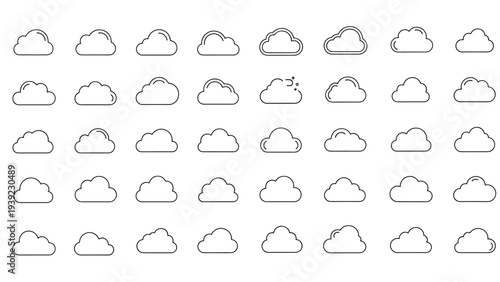 Large collection of different cloud icons in various shapes and line art styles for weather forecasts or cloud computing concepts.