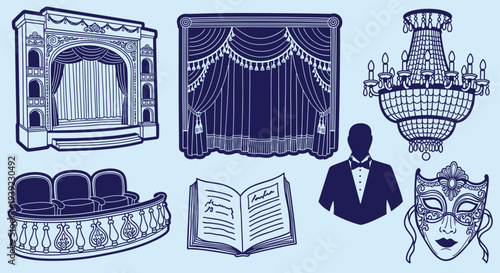 Elegant theater stage with plush seating, ornate chandelier, and decorative mask for a grand performance