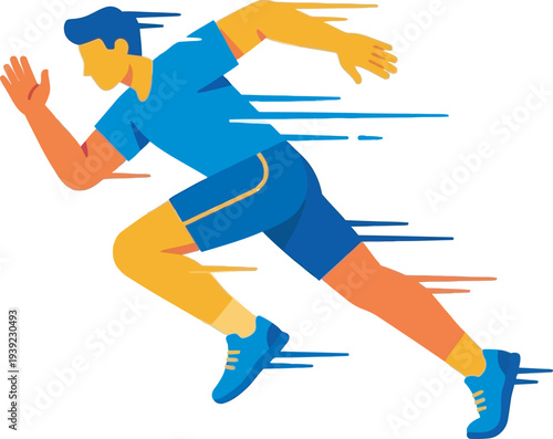 Flat vector illustration of a male sprinter in a bright blue shirt and yellow shorts, running at high speed with dynamic motion lines. Perfect for track and field sports branding.