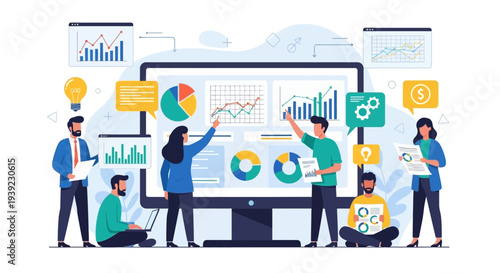 Business team analyzing data on a large screen with charts and graphs, teamwork concept