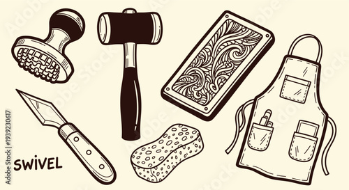 Leatherworking tools including a swivel knife, mallet, stamp, and apron for crafting handmade leather goods and accessories