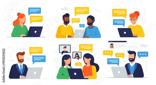 Diverse people communicating online via laptops and video calls, chat bubbles, teamwork