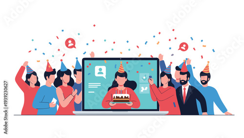 Friends celebrating a birthday party together online via a laptop screen with cake and colorful confetti during a video call.
