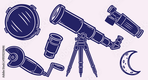 Illustration of astronomical telescope and celestial objects for stargazing and space exploration discovery