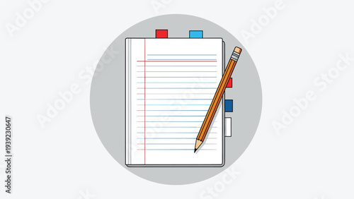 Spiral notebook with colorful index tabs and a pencil on top placed inside a grey circle on a white background for education.