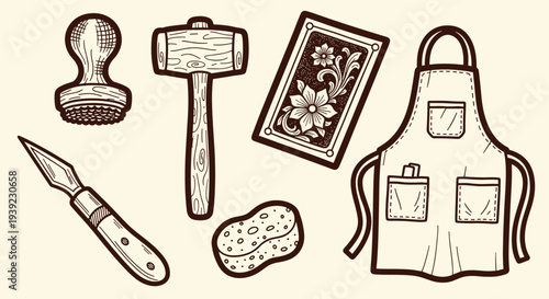 Artisan leather crafting tools including stamps mallet knife sponge and apron for handmade creations