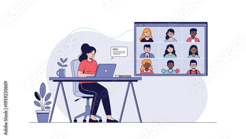 Young woman working on her laptop at a desk while participating in a remote video conference meeting with multiple colleagues.