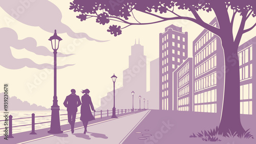 A romantic couple walking along a city waterfront promenade at sunset