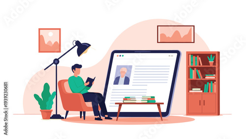 Man sitting comfortably in an armchair reading a book next to a large tablet screen showing a social media user profile.