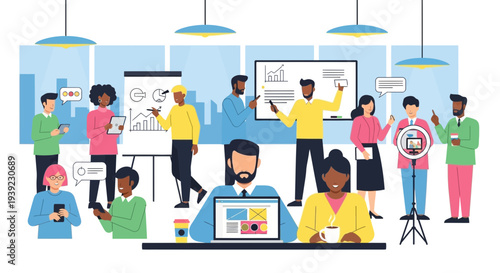 Diverse team collaborating in modern office, presenting ideas on whiteboard and laptop