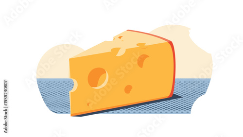 Graphic illustration of a wedge of yellow cheese with holes featuring a vintage textured print style on a blue patterned background.