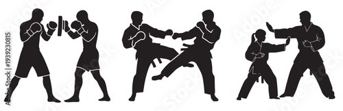Silhouettes of martial artists in dynamic training poses and combat.