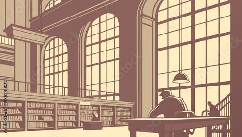A man sits at a desk in a large library with tall windows and bookshelves