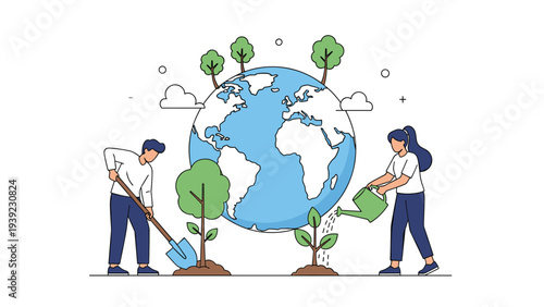 Man and woman planting young trees on the planet Earth to promote global environmental conservation and ecological awareness.