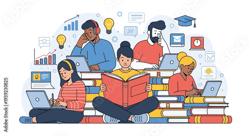Diverse students learning online with laptops and books, symbolizing education and knowledge