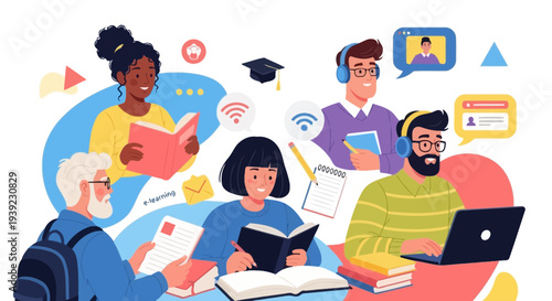 Diverse students learning online, reading books, using laptops and headphones