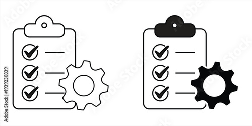 Clipboard with gear icon set, Technical support check list isolated on white background