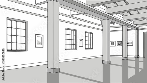A minimalist vector illustration of a modern art gallery interior with white walls and exposed beams