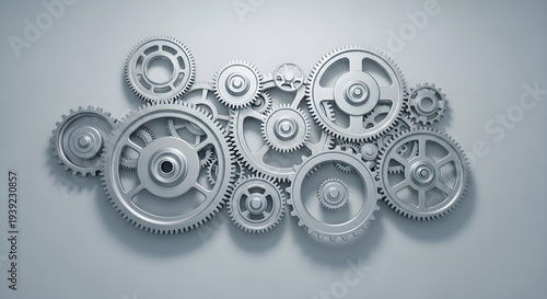 Interlocking Silver Metal Gears Mechanism 3D Render on a Light Grey Background