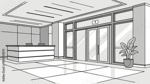 A minimalist line art illustration of a modern office lobby with a reception desk and glass doors.