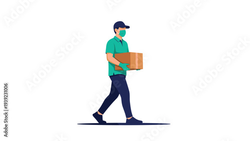 Delivery courier in a green polo shirt and cap wearing a medical face mask and gloves while walking with a cardboard package.