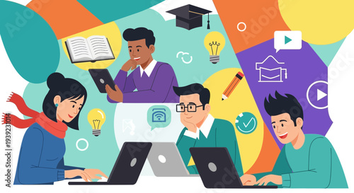 Diverse students learning online with laptops and digital devices, modern education concept