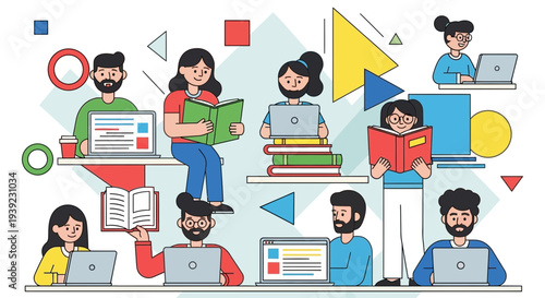 Diverse group of people learning and working together with laptops and books, modern education concept.