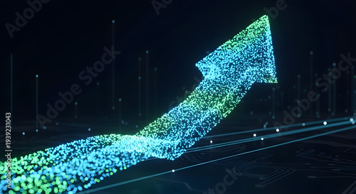 Futuristic Glowing Digital Arrow of Blue and Green Particles Pointing Upward for Growth and Progress
