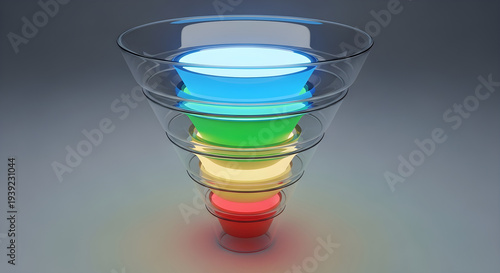 3D Render of Transparent Funnel with Five Glowing Blue, Green, Yellow, Red Stages